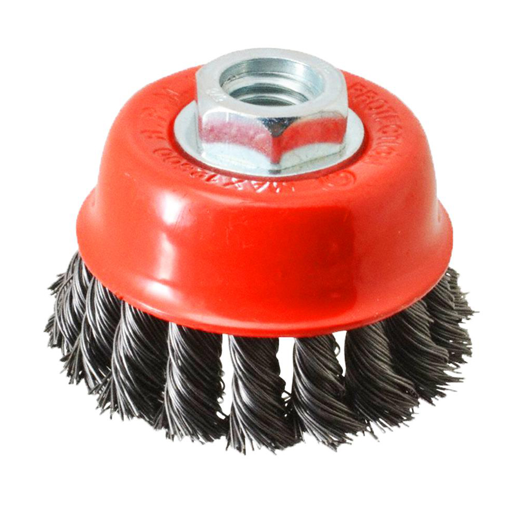 Perie de sârmă tip cupă pentru polizor unghiular Perie de sârmă tip cupă cu sârmă răsucită în mănunchiuri, cupă roșie și piuliță filetată pentru polizor