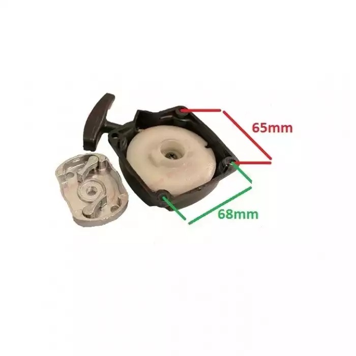 Demaror motocoasă M5 cu oală clichet Demaror M5 pentru motocoasă cu oala cu clicheți alături, cu cotele de 65 mm și 68 mm între găurile de prindere