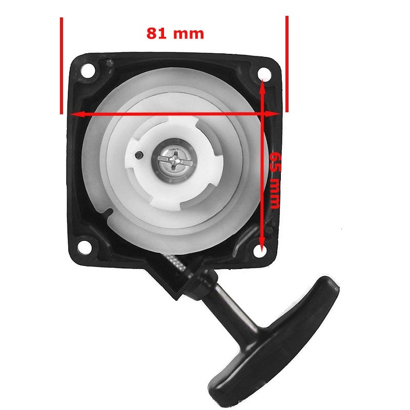 Demaror de motocoasă M4 cu cote Demaror de motocoasă văzut din interior, cu cote de 81 mm lățime și 65 mm între găurile de prindere