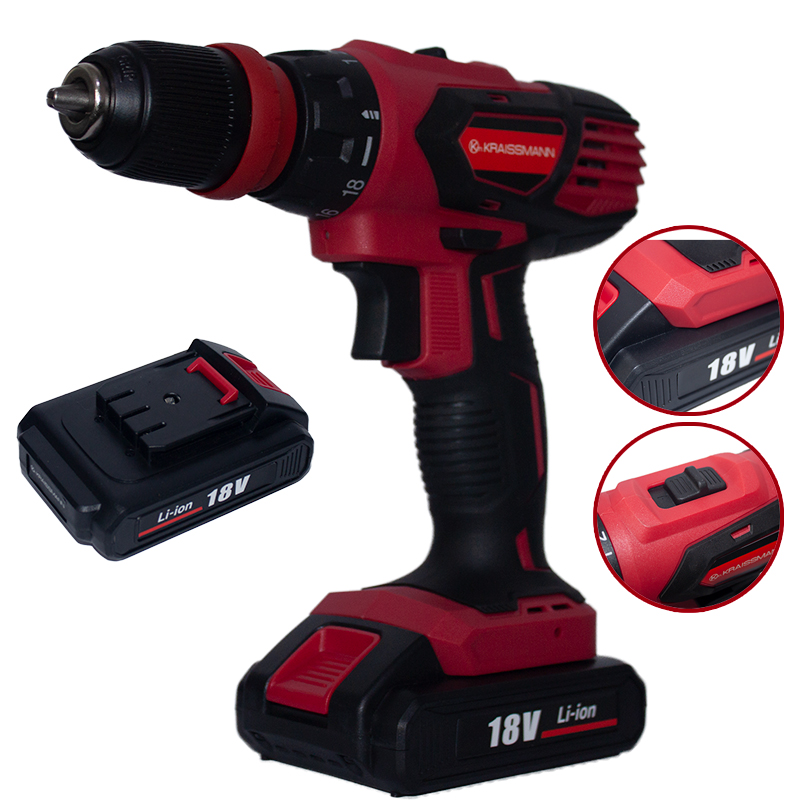 Mașină de găurit și înșurubat Kraissmann AD-18CUN Mașină de găurit și înșurubat Kraissmann roșie de 18 V, cu acumulator montat și unul de rezervă