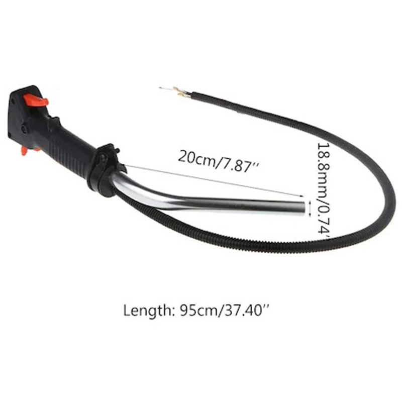Accelerație motocoasă universală – cote Accelerație motocoasă universală cu cotele marcate: cablu de 95 cm, bară de 20 cm și diametru de 18,8 mm