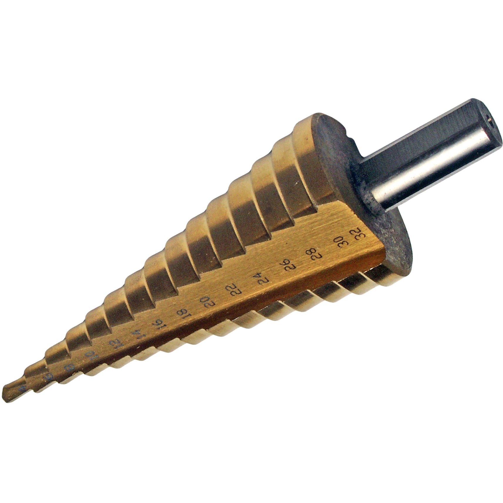 Burghiu conic în trepte 4–32 mm Burghiu conic în trepte auriu, cu diametrele de la 4 la 32 mm gravate pe trepte și coadă cilindrică