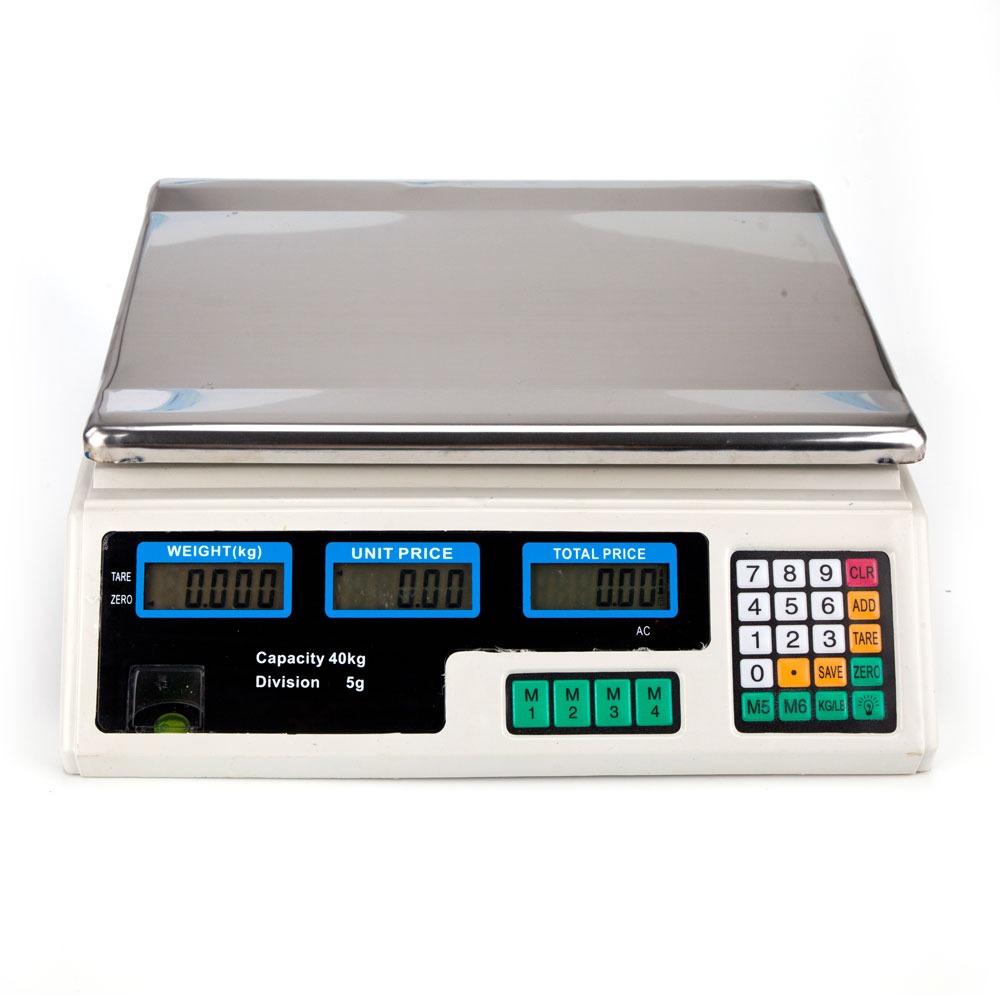 Cântar electronic comercial 40 kg Cântar electronic comercial cu platan din inox și trei afișaje pentru greutate, preț unitar și preț total, cu tastatură