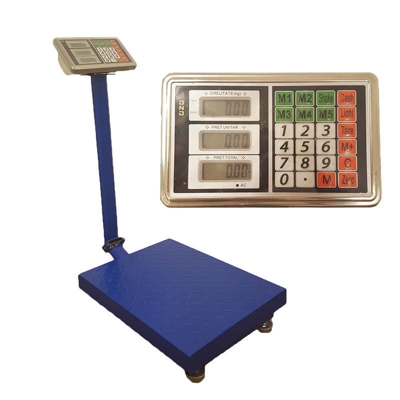 Cântar electronic cu platformă, maximum 300 kg Cântar electronic cu platformă albastră, braț pliabil și detaliu al afișajului cu greutate, preț unitar și preț total