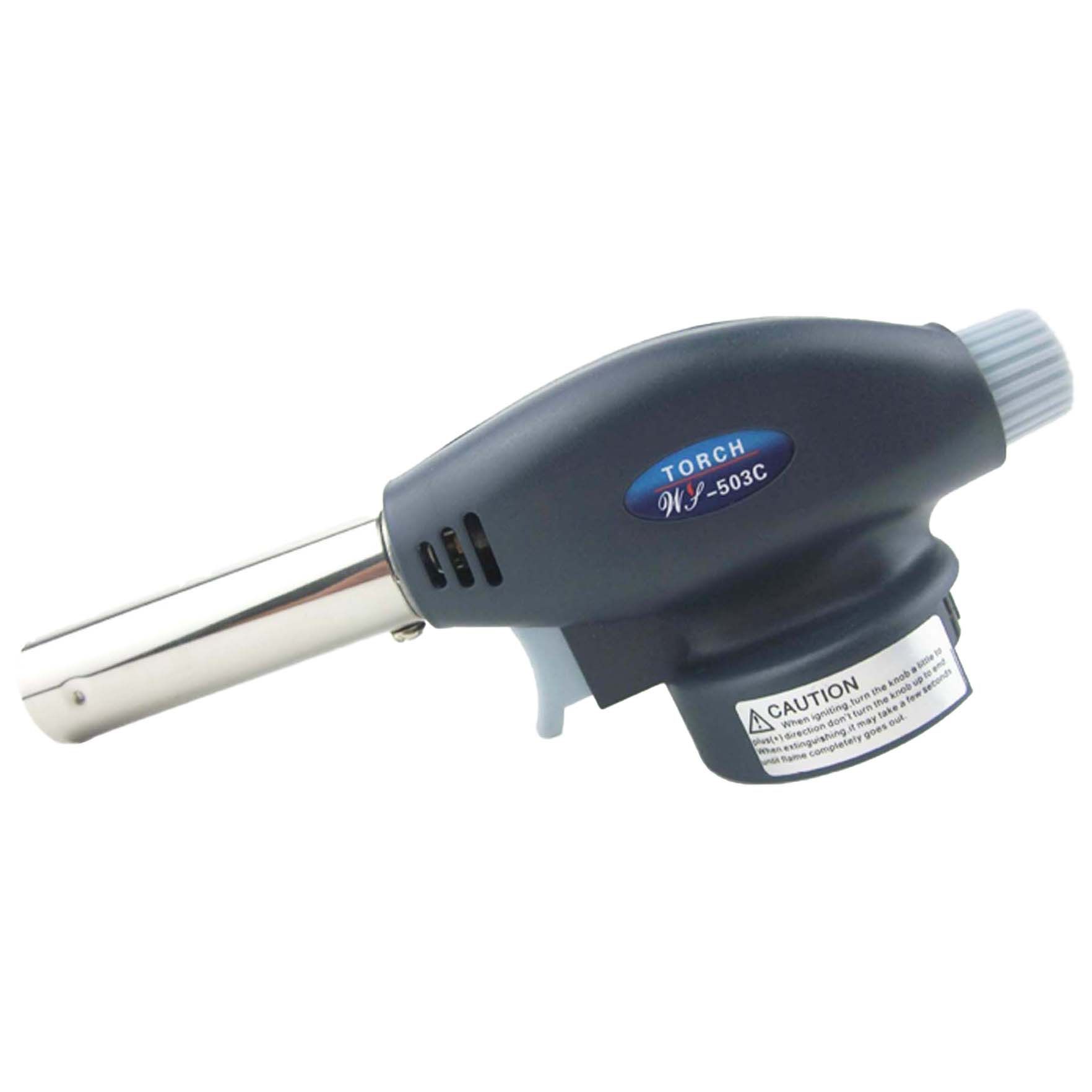 Cap arzător portabil pe butan Cap arzător portabil Torch WS-503C, gri, cu duză metalică, buton de reglaj și etichetă de avertizare
