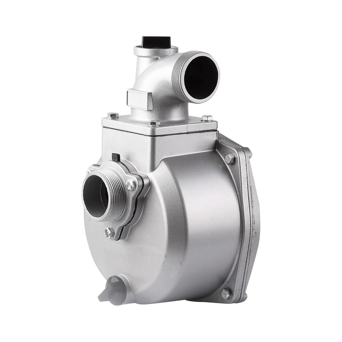 Cap de motopompă direct atașabil – vedere din față Cap de motopompă din metal turnat, direct atașabil, cu racord de aspirație frontal și cot de refulare filetat