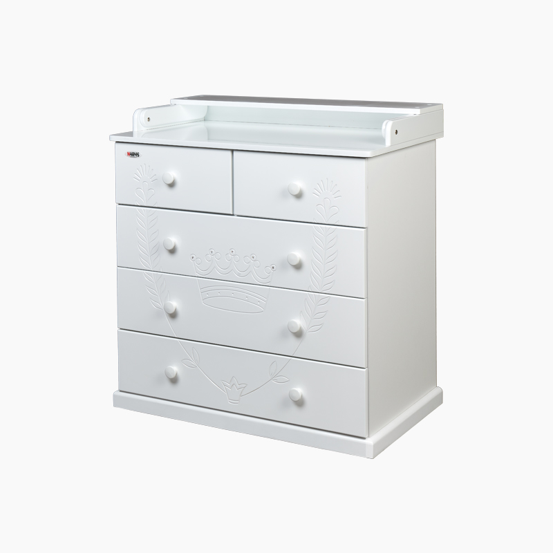 Comodă Cristal albă Comodă Cristal albă cu cinci sertare și unitate de înfășat, sculpturi manuale și pietre Swarovski