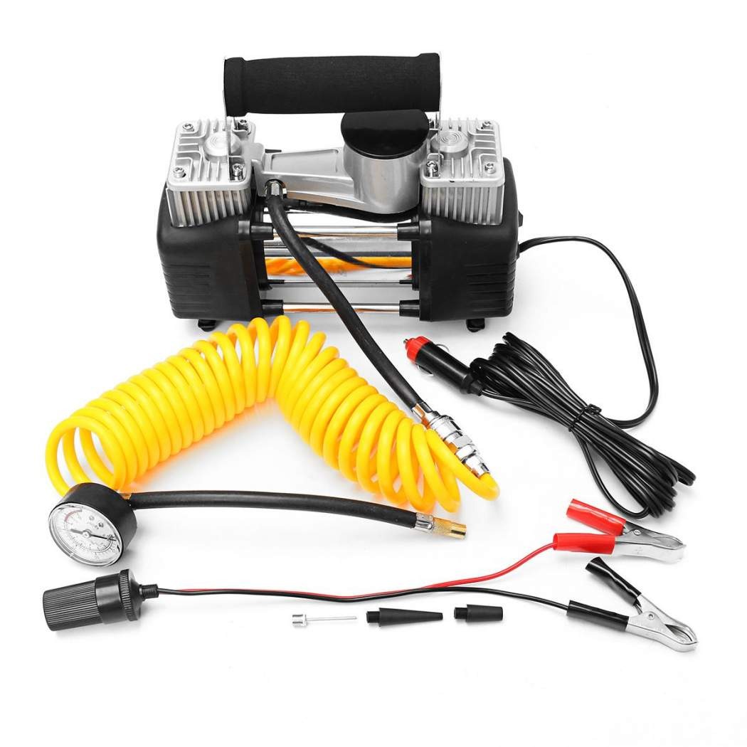 Compresor auto 12 V cu doi cilindri și accesorii Compresor auto cu doi cilindri, cu furtun spiralat galben, manometru, cablu de brichetă, cleme de baterie și duze