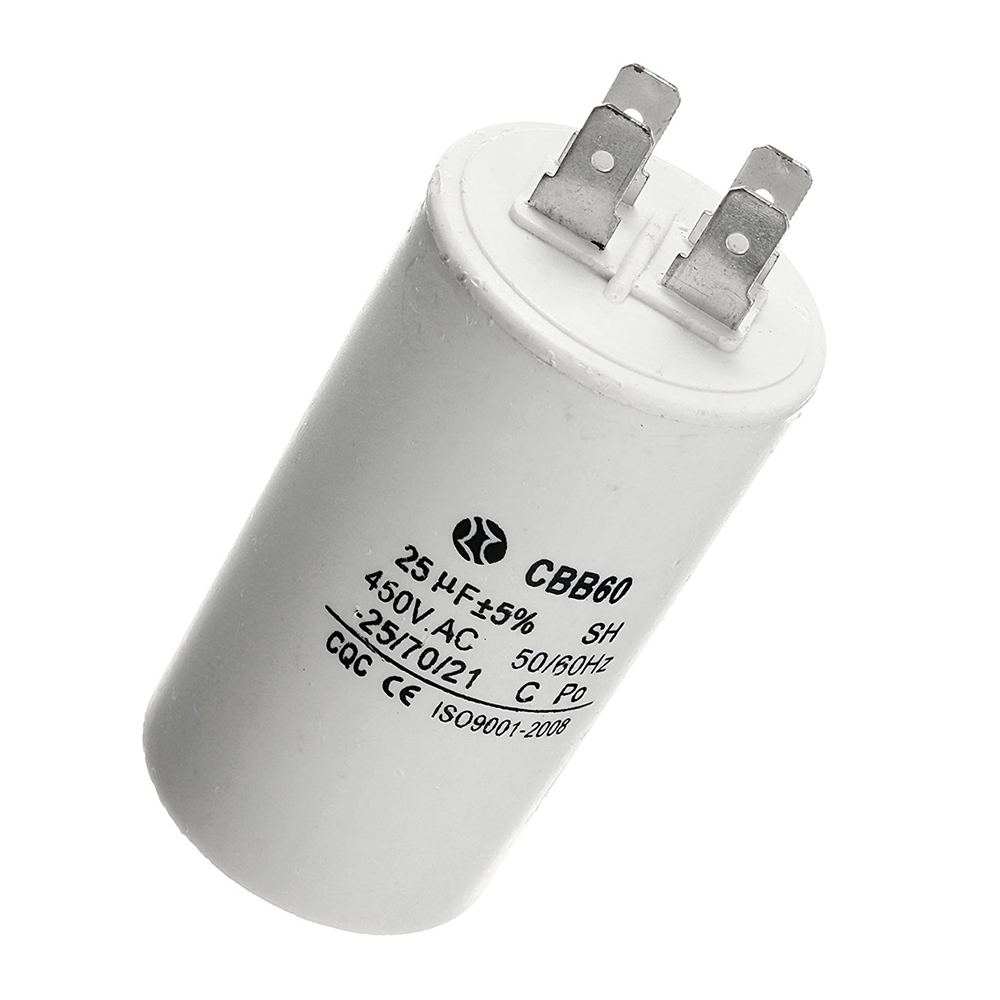 Condensator pentru motor monofazat, 450 V Condensator cilindric alb pentru motor monofazat, cu borne plate la capăt și eticheta tehnică