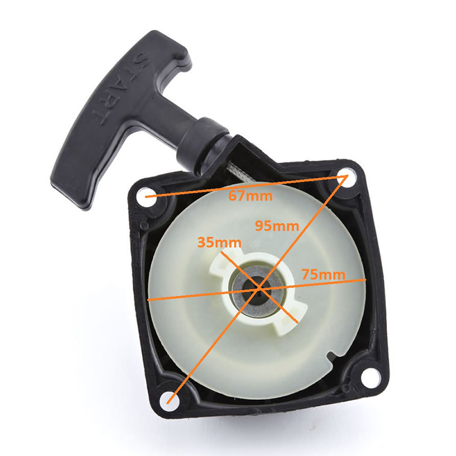 Demaror motocoasă cu 2 căței – cote Demaror motocoasă cu 2 căței, vedere din interior cu cotele de 67, 75, 95 și 35 mm marcate