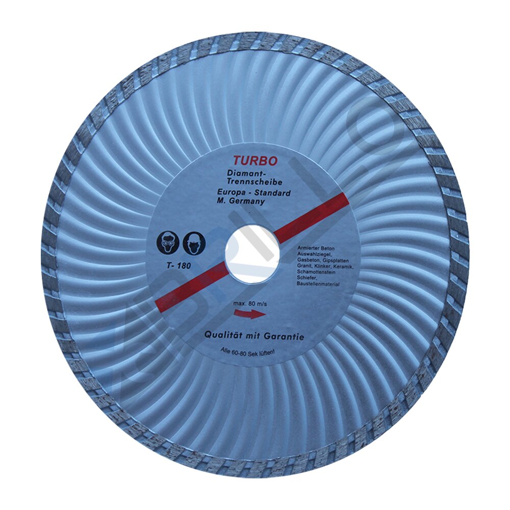 Disc diamantat turbo de 180 mm pentru polizor unghiular Disc diamantat turbo de 180 mm cu margine ondulată, marcat T-180, cu lista materialelor și săgeata de sens pe etichetă