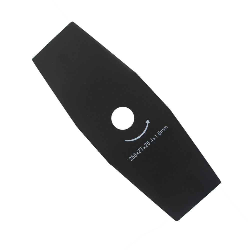 Cuțit cu 2 dinți pentru motocoasă, 255 mm Cuțit negru cu 2 dinți pentru motocoasă, cu marcajul 255×2T×25,4×1,6 mm și săgeata de rotație
