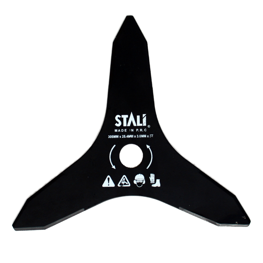 Disc de motocoasă Stali cu 3 lame, 305 mm Disc de motocoasă Stali cu 3 lame, negru, marcat 305 × 25,4 × 3,0 mm, cu săgeți de sens și pictograme de protecție