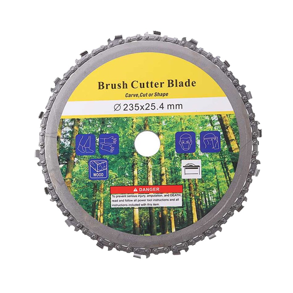 Disc cu lanț de drujbă pentru motocoasă, 235 × 25,4 mm Disc de motocoasă cu lanț de drujbă pe margine, etichetă Brush Cutter Blade Ø235 × 25,4 mm și pictograme de protecție