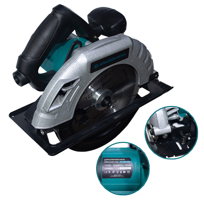 Fierăstrău circular Kraissmann CS-185/1650 Fierăstrău circular Kraissmann cu disc de 185 mm și talpă neagră, cu detalii ale plăcuței și ale reglajului de înclinare