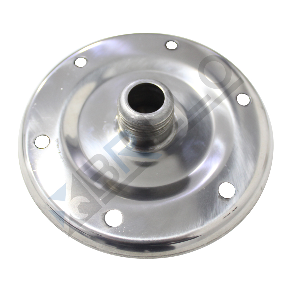 Flanșă din inox pentru vas de expansiune Flanșă din inox lucios pentru vas de expansiune, cu șase găuri de prindere și racord filetat central