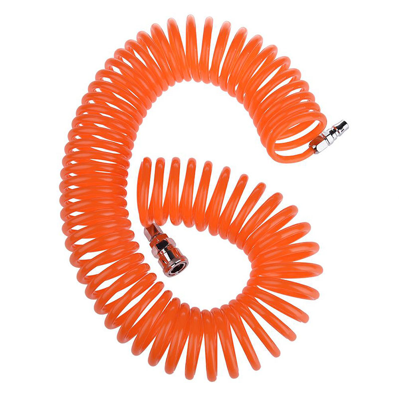 Furtun de aer spiralat din PVC, 12 m Furtun de aer spiralat portocaliu de 12 m, cu cuplă rapidă la un capăt și ștecher la celălalt