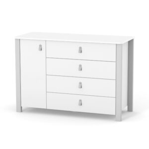 Comodă Maia 1200 alb gri deschis pentru camera copilului, cu patru sertare, 120 × 50 × 85,6 cm