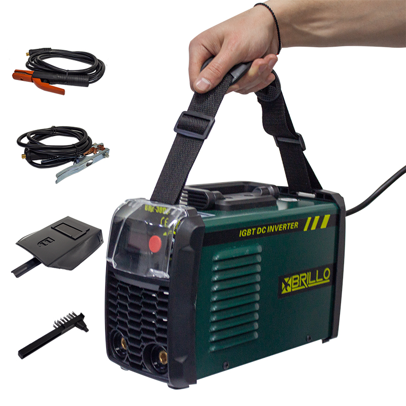 Aparat de sudură invertor Brillo compact, cu accesorii Aparat de sudură invertor Brillo compact, ținut de curea, cu cablu port-electrod, cablu de masă, mască de mână și perie