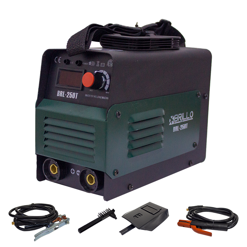Aparat de sudură invertor Brillo BRL-250T cu accesorii Invertor de sudură Brillo BRL-250T cu afișaj digital, buton de reglaj roșu și accesoriile: cabluri, perie și mască