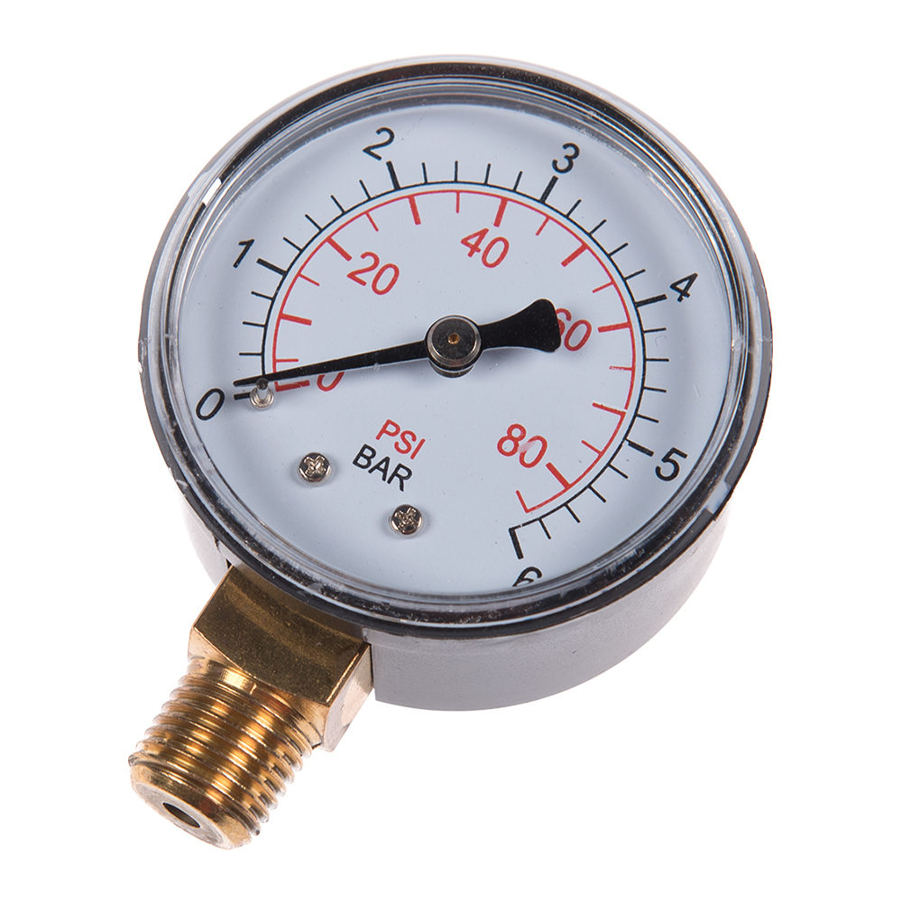 Manometru pentru hidrofor 0–6 bar, racord 1/4″ Manometru pentru hidrofor cu cadran alb, scală de 0–6 bar și psi și racord filetat auriu în partea de jos