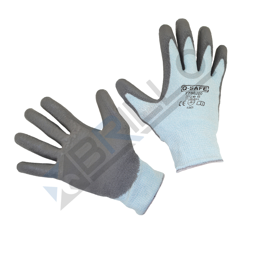 Mănuși de protecție din nylon cu palmă acoperită Pereche de mănuși de protecție tricotate, albastru-deschis, cu palma și degetele acoperite cu strat gri