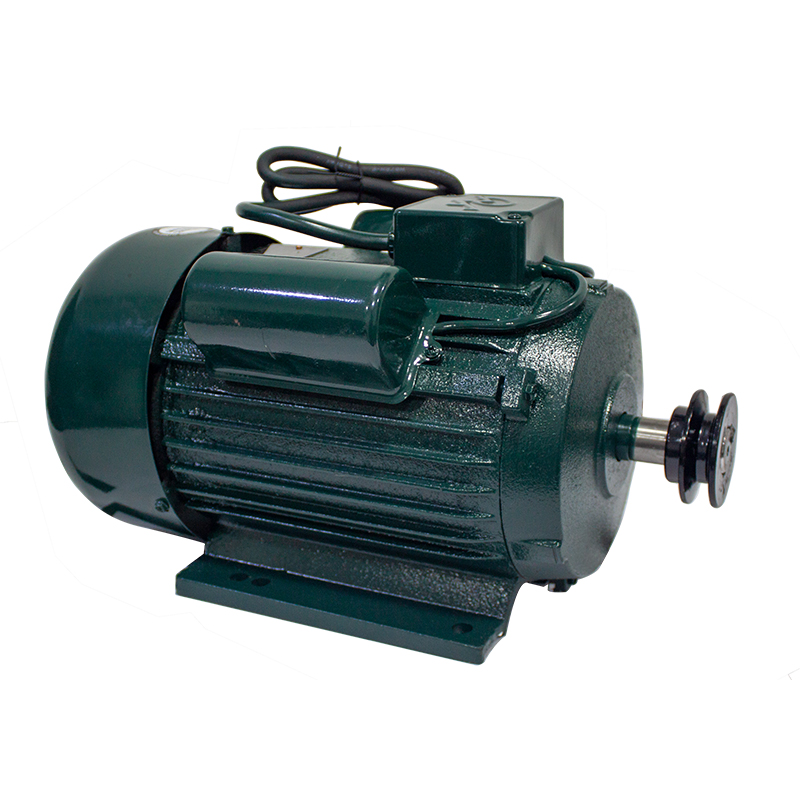 Motor electric monofazat cu fulie și cablu Motor electric monofazat din fontă verde, cu talpă de prindere, fulie cu două canale pe ax și cablu de alimentare