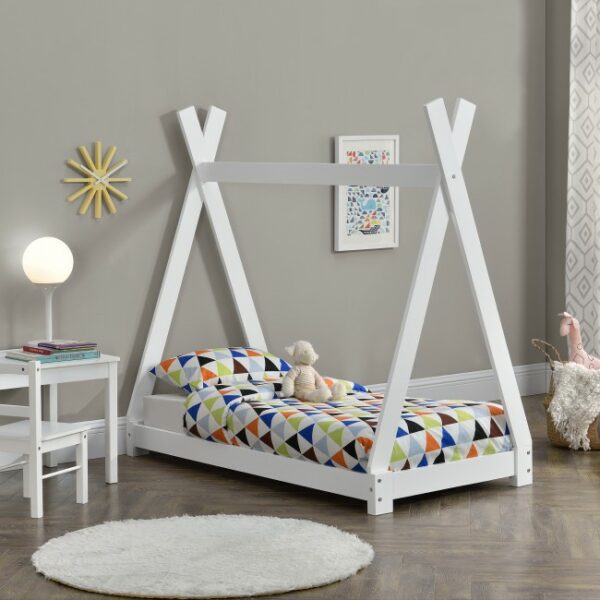 Pat pentru copii Daria alb, design de cort indian, din lemn de brad, imaginea 2