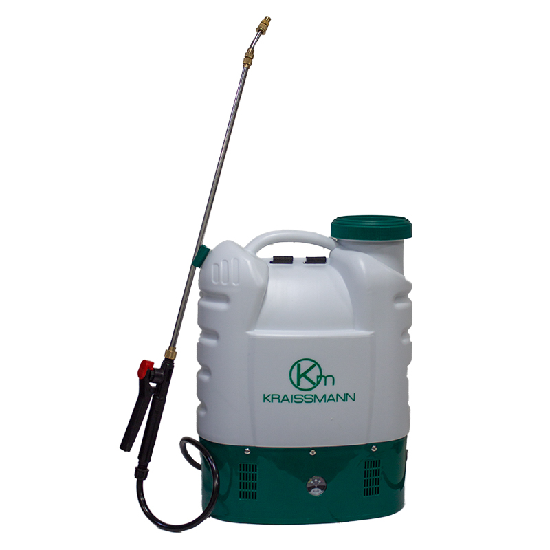 Pompă de stropit electrică Kraissmann KM-16E, 16 litri Pompă de stropit electrică Kraissmann KM-16E de 16 litri, rezervor alb cu bază verde, lance din inox și mâner cu trăgaci