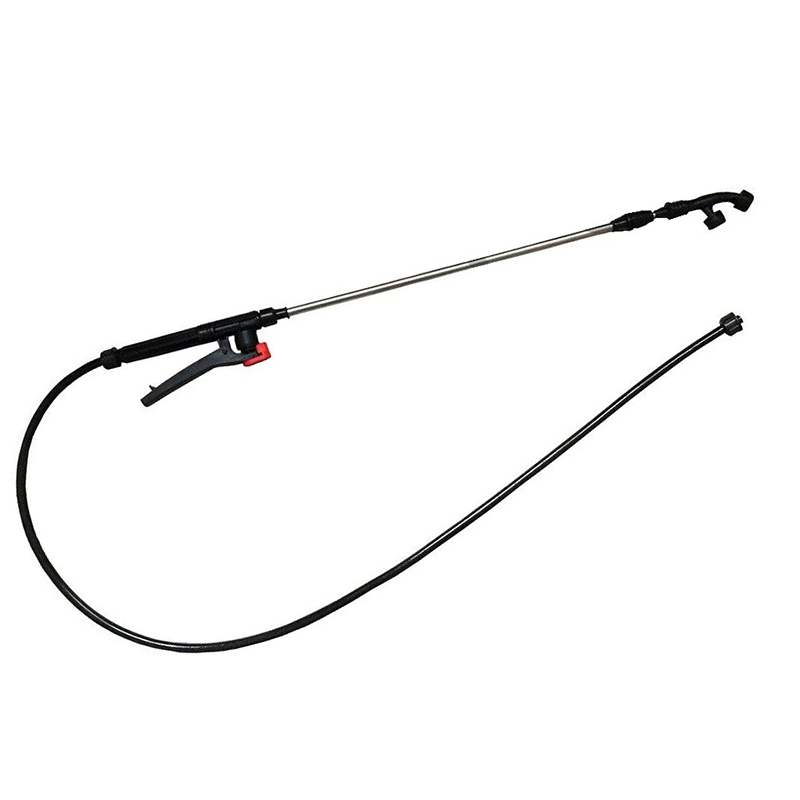 Lance telescopică de stropit cu furtun Lance de stropit cu tijă din inox, mâner negru cu buton roșu de blocare, cap cu duze și furtun negru