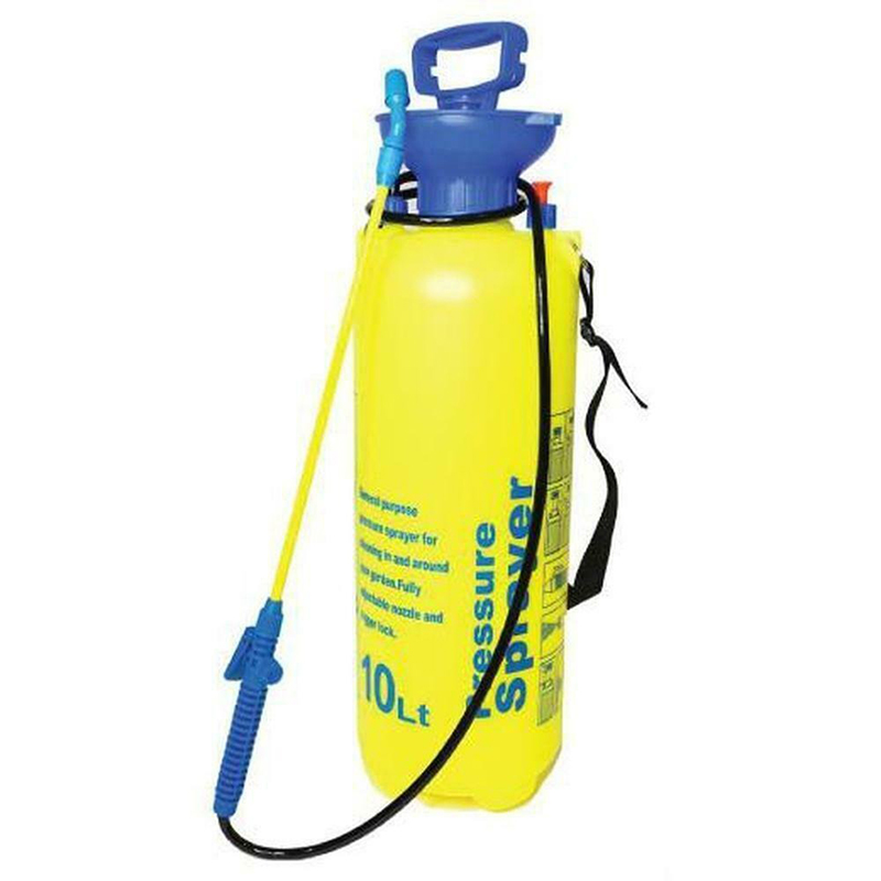 Pompă de stropit manuală de 10 litri Pompă de stropit galbenă de 10 litri, cu mâner de pompare albastru, furtun negru, lance și curea de umăr