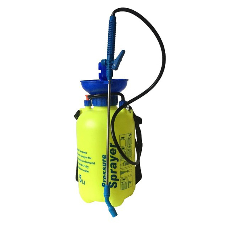 Pompă de stropit manuală 5 litri Pompă de stropit manuală galbenă de 5 litri, cu capac albastru, furtun negru, lance metalică și curea de umăr