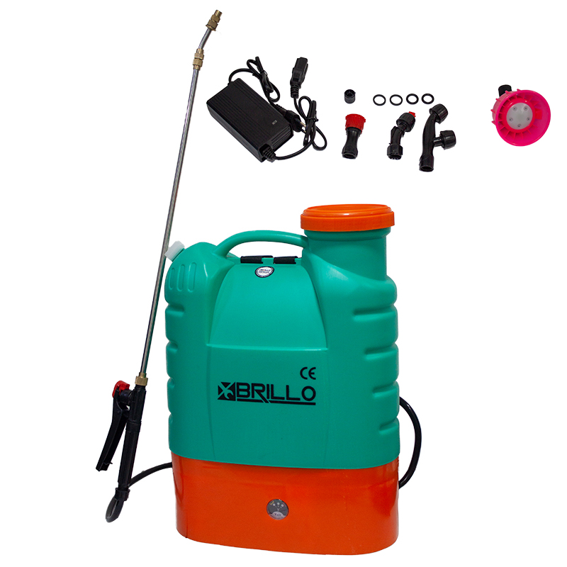 Pompă de stropit electrică Brillo, 16 litri, cu accesorii Pompă de stropit electrică Brillo de 16 litri, turcoaz cu bază portocalie, cu lance din inox, încărcător și duze