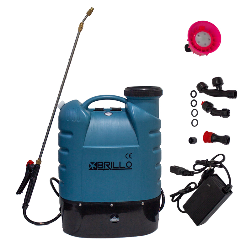 Pompă de stropit electrică Brillo, 20 litri, cu accesorii Pompă de stropit electrică Brillo de 20 litri, albastru-petrol cu bază neagră, cu încărcător, duze și garnituri