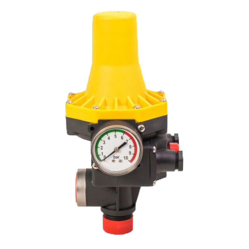 Prescontrol electronic pentru pompă de apă, cu manometru Prescontrol cu capac galben, manometru de 0–10 bar și racorduri filetate pentru pompa de apă