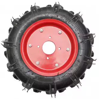 Roată motocultor cu profil agricol și jantă roșie Roată de motocultor cu anvelopă cu profil agricol în V și jantă metalică roșie cu găuri de prindere