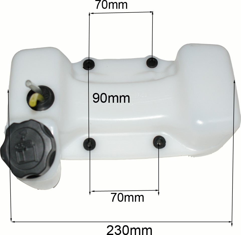 Rezervor de benzină pentru motocoasă Ruris Rezervor alb de benzină pentru motocoasă, cu buson negru și cote de 230, 90 și 70 mm între prinderi