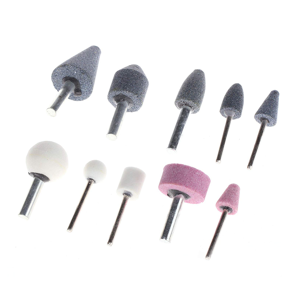 Set 10 pietre abrazive biax Zece pietre abrazive biax cu coadă metalică, în forme conice, ogivale, sferice și cilindrice, gri, roz și albe
