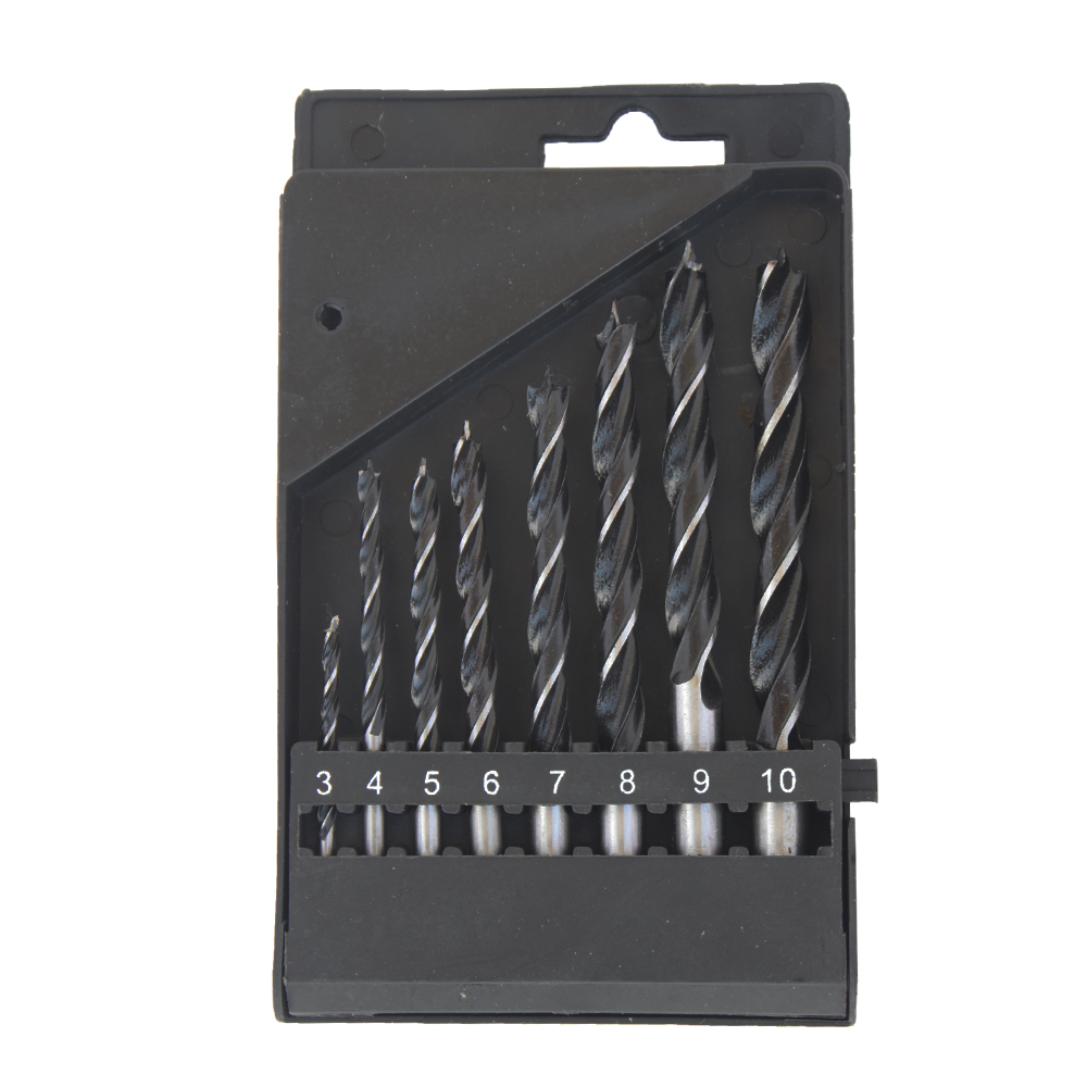 Set burghie pentru lemn 3–10 mm, în cutie Burghie pentru lemn cu vârf de centrare, de la 3 la 10 mm, așezate într-o cutie neagră