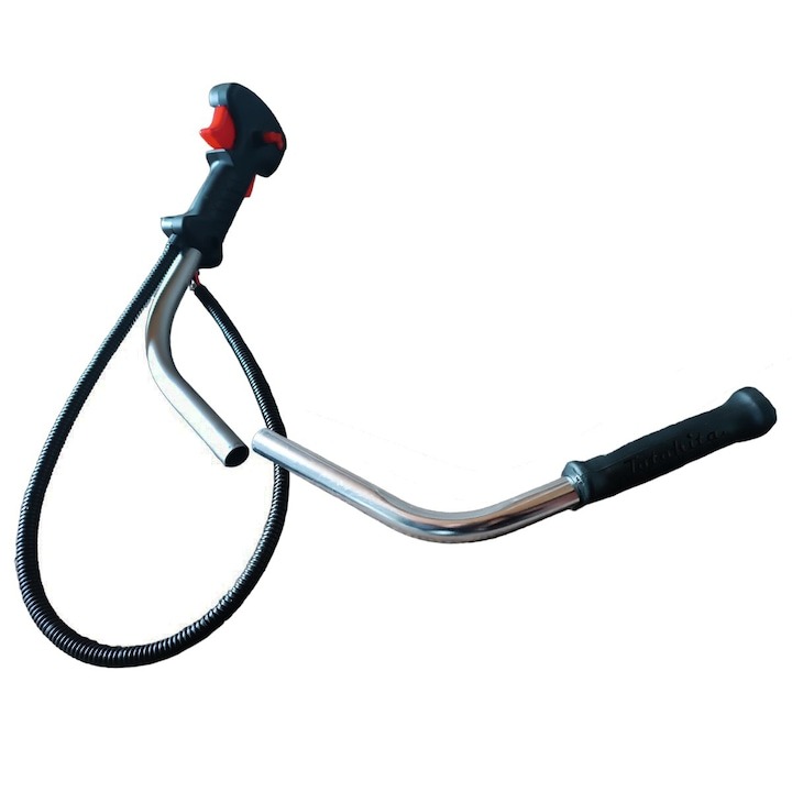 Set mâner complet pentru motocoasă, cu accelerație și întrerupător Ghidon complet de motocoasă cu brațe din țeavă cromată, mâner negru cu trăgaci roșu și cablu în manta spiralată