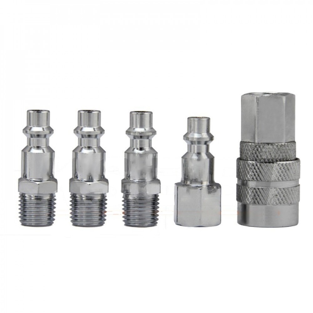 Set 5 cuple rapide pentru aer comprimat, tip 26 Set de 5 cuple rapide cromate pentru aer comprimat: trei fișe cu filet exterior, o fișă cu filet interior și o cuplă mamă