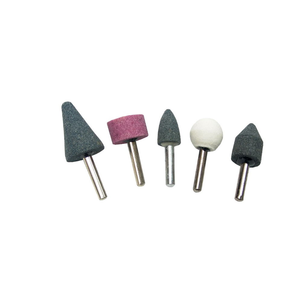 Set 5 pietre abrazive biax Cinci pietre abrazive biax cu coadă metalică: conică și ogivală gri, cilindrică roz, sferică albă și cilindro-conică gri