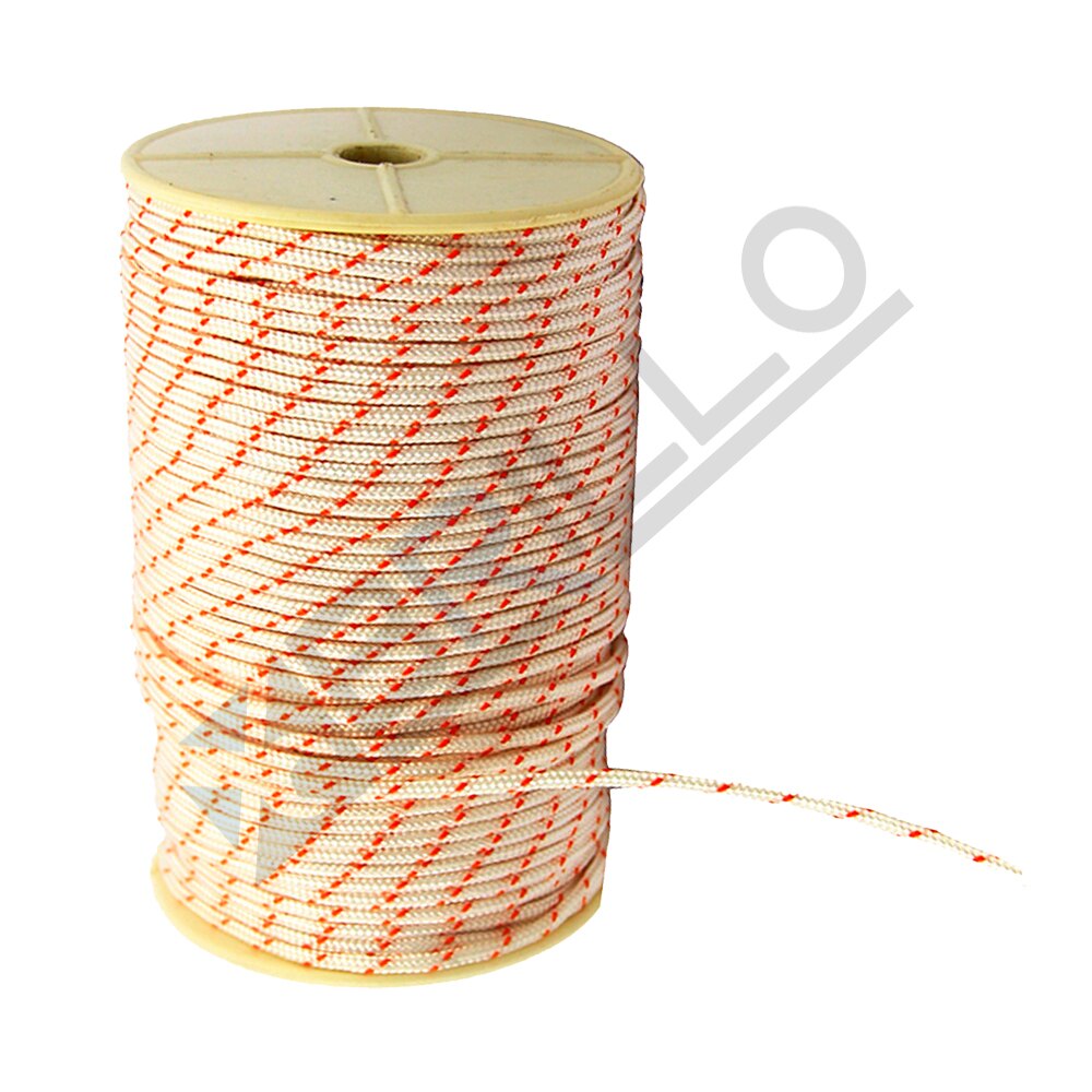 Sfoară pornire demaror 4 mm – rolă de 100 m Rolă de sfoară de pornire de 4 mm, albă cu fire portocalii, pe mosor crem, cu capătul desfăcut