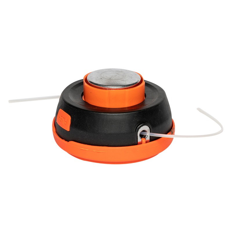 Tambur motocoasă Easy Feed cu buton metalic Tambur de motocoasă negru cu portocaliu, cu buton metalic, clapetă PUSH și fir alb ieșit prin două ochiuri