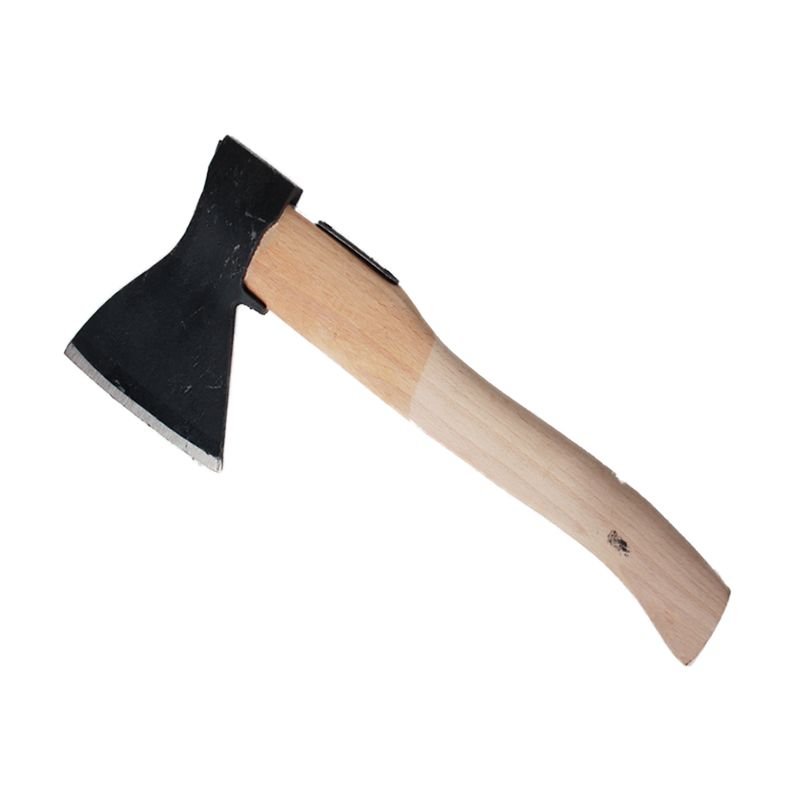 Bărdiță cu coadă din lemn de esență tare Bărdiță cu cap negru din oțel forjat și coadă din lemn deschis la culoare, vedere laterală
