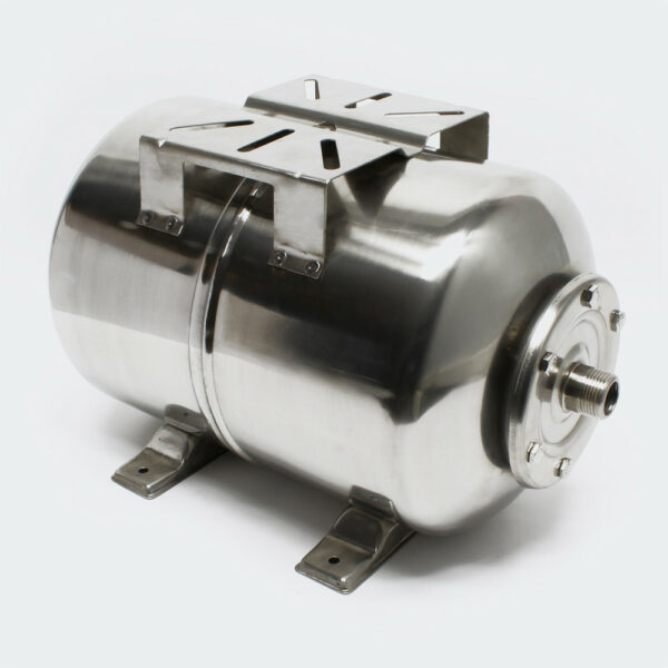 Vas de expansiune orizontal din inox de 24 litri pentru hidrofor, cu suport de pompă și picioare din inox
