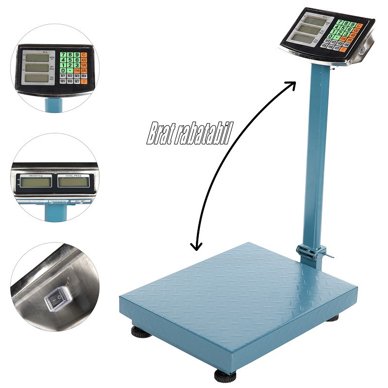 Cântar electronic cu platformă 300 kg Cântar electronic cu platformă albastră, braț pliabil și afișaj cu tastatură, cu detalii ale ecranelor și ale butonului