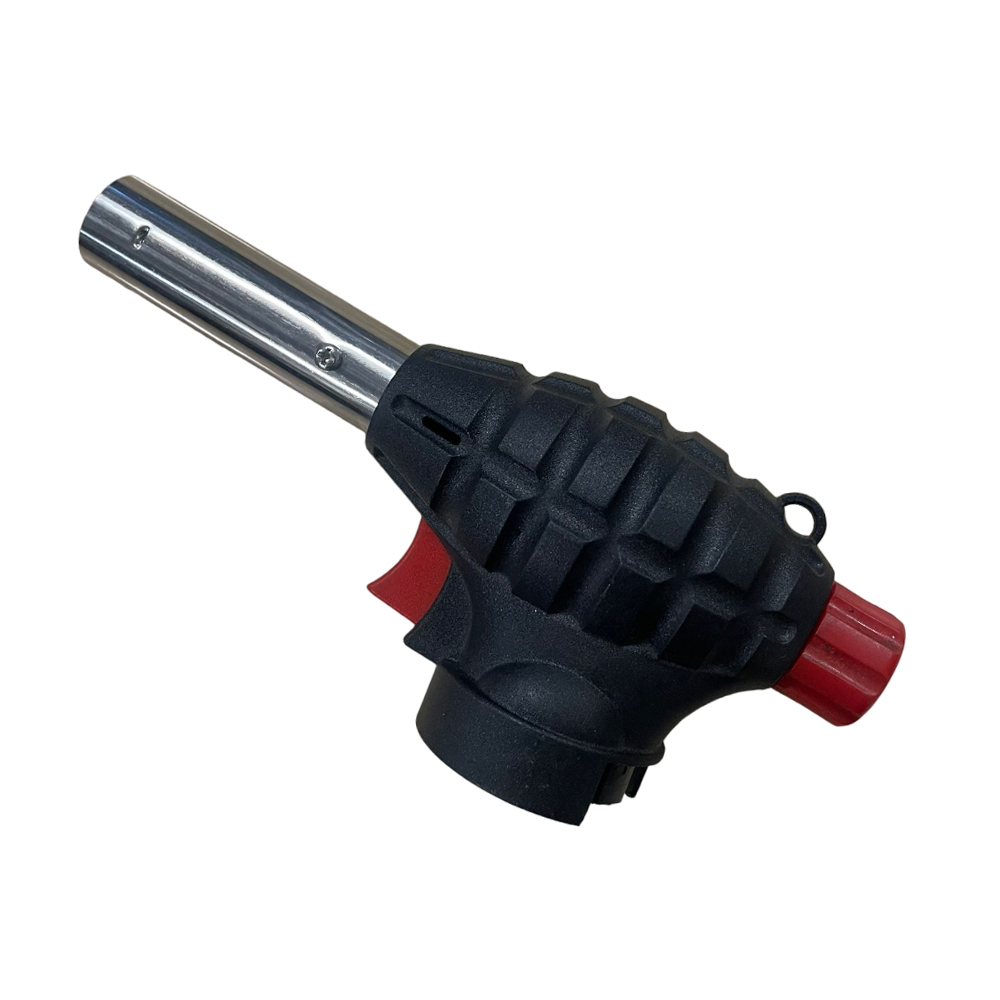 Cap arzător portabil pentru butelii de gaz M4 Cap arzător M4 pentru butelii de gaz, cu mâner negru striat, trăgaci și rozetă de reglaj roșii și duză metalică