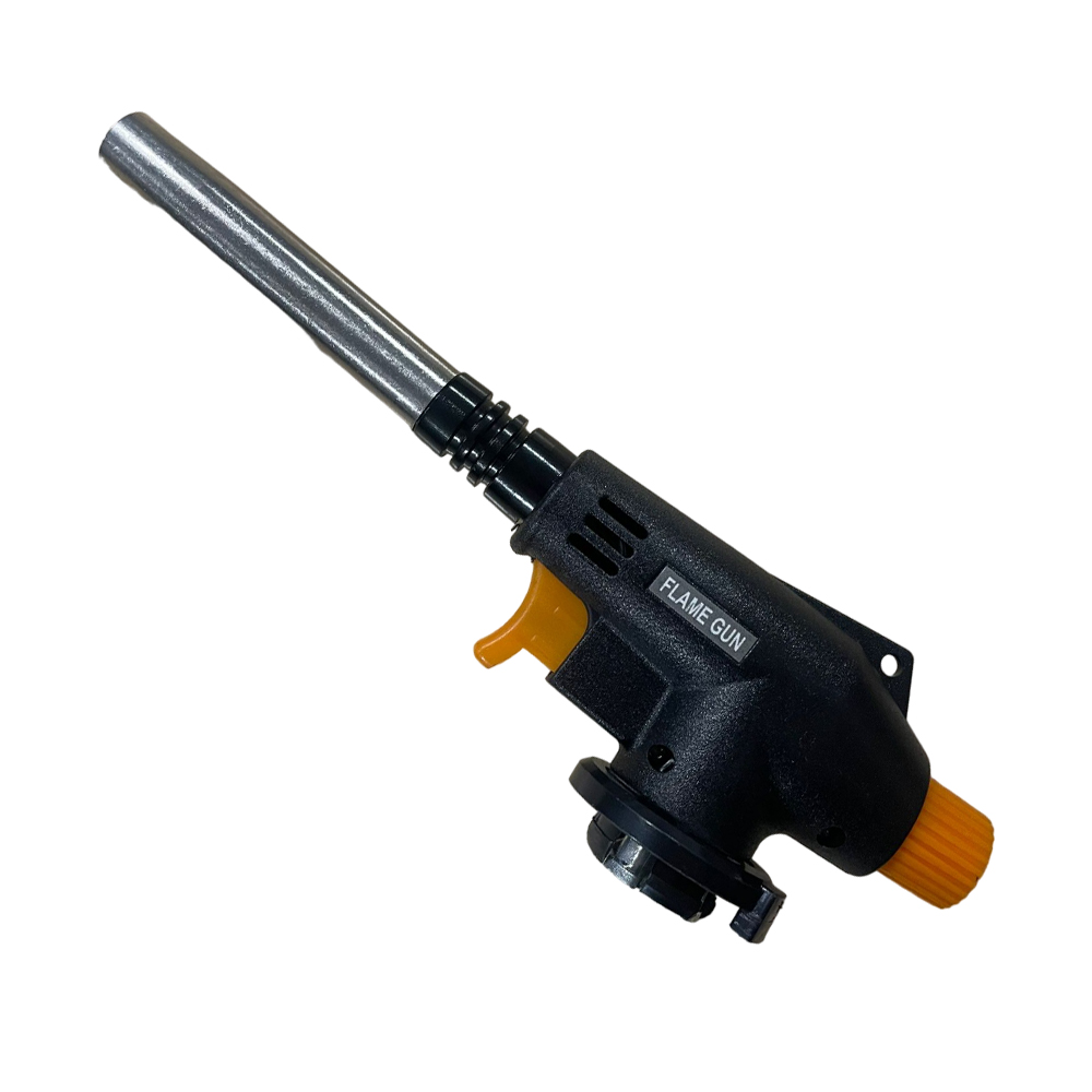 Cap arzător portabil pentru butelii de gaz M5 Cap arzător M5 pentru butelii de gaz, cu corp negru, etichetă Flame gun, trăgaci și rozetă portocalii și duză metalică