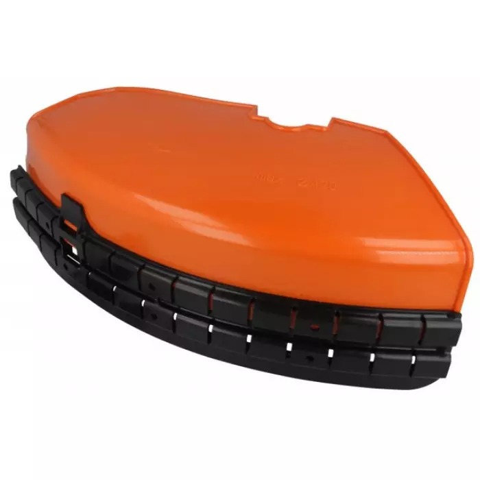 Apărătoare motocoasă compatibilă Stihl Apărătoare portocalie pentru motocoasă cu bordură neagră pe margine, văzută din față